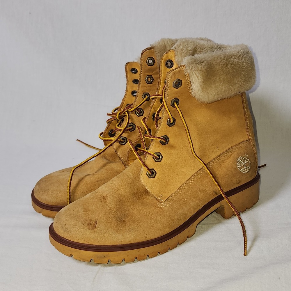 Timberland Boots Suede Leather Lace Up W/ Fur Cuff Sz 7.5 M Logo Women's Shoes